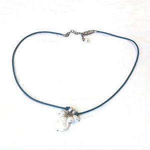 Sterling Silver Genuine Pearls Pendant Turquoise Leather Cord Necklace 18" Long